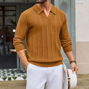 Suéter Polo de Punto para Hombre, Manga Larga, Color Sólido, Otoño, Casual, Manga Completa, Naranja Marrón - Product Image 1