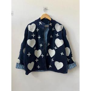 Navy Cotton Knitted Heart Embroidered Handmade Suzani Boho Ethnic Autumn Reversible <b>Jacket</b> Customizable Gift for <b>Women</b> - Product Image 6