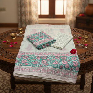 Ensemble pyjama Kurti Sarong en coton blanc turquoise à fleurs |   Tissu imprimé à la main de haute qualité avec bordure Butti rose, un chef-d'œuvre artisanal - Product Image 4