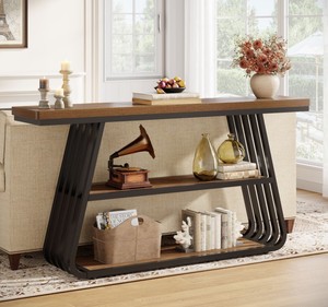 Table console en bois moderne avec structure en métal, design industriel, rangement, meubles de salon - Product Image 4