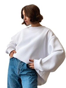 Sweat-shirt en molleton blanc surdimensionné pour femme, col rond, épaules tombantes, manches longues, polyester/coton, respirant, tricoté, couleur unie - Product Image 4