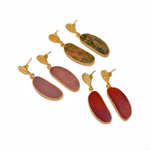 Genuine Unakite Gemstone <b>Cute</b> Bezel Setting Stud <b>Earrings</b> for Women 18K Gold Plated Brass Handmade Statement Jewelry - Product Image 5