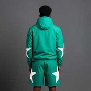 Custom Logo <b>Top</b> Trending Men Green Hooded Tracksuit Set Full Sleeve <b>Zipper</b> Sportswear Breathable Streetwear Shorts Summer Wear - Product Image 2