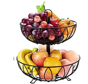 Panier à fruits en fil de fer à 2 niveaux, corbeille à fruits traditionnelle en métal avec revêtement en poudre noire pour le rangement domestique - Product Image 1