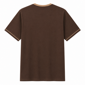 T-shirt col rond marron foncé en gros avec col beige et surpiqûres contrastées sur les manches – Vêtements personnalisés pour hommes - Product Image 2