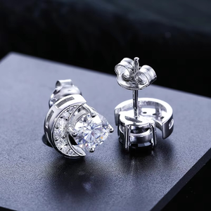 Pendientes de Diamantes Cultivados en Laboratorio con Forma de Luna Creciente, Oro Original, Zafiro Blanco y Negro, Corte Redondo, Joyería Fina para Mujer - Product Image 1