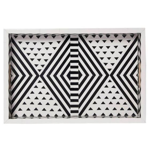 Plateau de service rond en bois fait main, décoratif, avec incrustation d'os rayé noir et blanc, pour table basse d'hôtel de luxe - Product Image 6