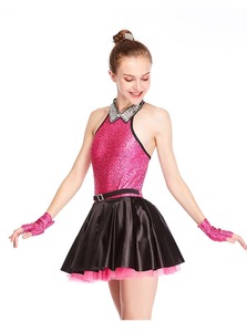 Pink <b>Glitter</b> Cheerleading Uniform With Black <b>Skirt</b> And Rhinestone Collar For Teenagers Wholesale Rhinestone Dance Dress Custom - Product Image 2