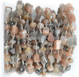 Multi Color Moonstone Nugget & Rondelle Beaded Chain 925 Sterling <b>Silver</b> Plated <b>Wire</b> Wrapped Rosary Chain Natural Stone Jewelry - Product Image 3