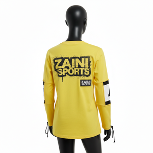 Camiseta de manga larga para mujer, algodón jersey GSM, amarilla con panel en contraste, estampado gráfico, logotipo personalizado, ropa urbana, camiseta de manga larga de algodón - Product Image 2