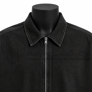 Veste chemise zippée à manches courtes en jean noir pour homme, style streetwear oversize, détail poche ornée de strass, vêtement décontracté personnalisé et tendance - Product Image 6