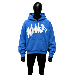Sudadera con Capucha Azul con Gráficos y Letras Blancas en Grafiti, Estilo Urbano Holgado, Texturizado, Moda Casual - Product Image 1