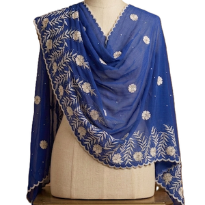 Women's Blue Chiffon <b>Shawl</b> Floral Embroidered Lightweight Breathable Ethnic Scarf Daily Wear Hijab <b>Wrap</b> Elegant Style - Product Image 1