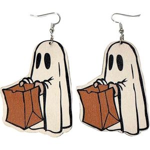 Orecchini pendenti da donna in legno e resina acrilica con stampa fantasma cartone animato di Halloween, simpatici orecchini a forma di zucca in resina e legno, alla moda per Halloween - Product Image 1