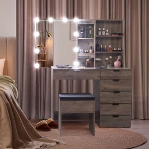 "Modern Wood MDF/Panel 6-Drawer 2-Shelf <b>Dressing</b> Table Set with Triamine Veneer 3 Light Bulbs Mirror Cabinet for Bedroom" - Product Image 3