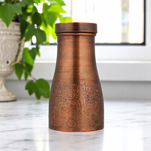 Jarra de Agua de Cobre, Matka de Cobre Tradicional Hecha a Mano con Diseño Floral Grabado y Acabado Antiguo, Recipiente para Almacenar Agua para el Hogar - Product Image 1