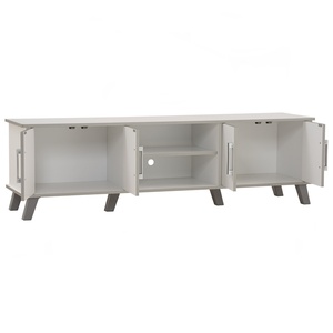 Mueble de TV moderno de tablero laminado con acabado blanco, mueble bajo para TV, centro de entretenimiento con doble almacenamiento y puertas abiertas - Product Image 2