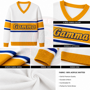 เสื้อสเวตเตอร์คาร์ดิแกนถักสำหรับผู้หญิง คอวี ลายทางสีน้ำเงินและสีทอง สไตล์ Preppy ของชมรมนักศึกษา SGRho Gamma  แบบเย็บปักถักร้อยสไตล์กรีก - Product Image 6