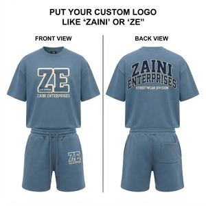Conjunto Premium ZAINI de Camiseta y Pantalones Cortos Oversize de Felpa Francesa de Poliéster Transpirable de 280 GSM, Azul, con Logotipo Bordado Personalizado en la Parte Delantera - Product Image 1