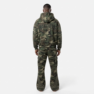Mens Camouflage Hoodie Cargo Tracksuit Rhinestone <b>Embroidery</b> Custom Streetwear Sportswear Matching <b>Set</b> - Product Image 4