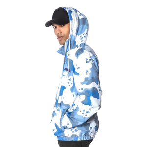 Men's Blue Camouflage Hooded <b>Racer</b> <b>Jacket</b> Waterproof Streetwear Zipper Closure Polyester Lightweight Custom Unisex Windbreaker - Product Image 2