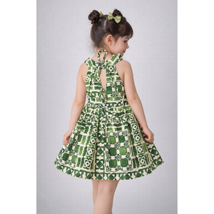Vestido Casual sin Mangas para Niñas, Verde, de Algodón Estampado con Lazo en la Cintura - Product Image 4
