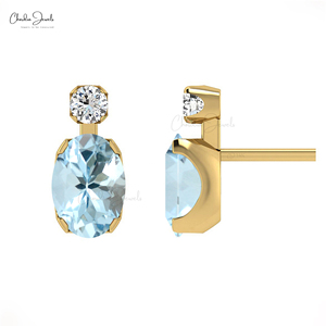 Pendientes de Oro Sólido de 14k con Aguamarina y Diamantes de Corte Ovalado de 7x5mm, Fabricante Asiático, Proveedor Verificado - Product Image 1