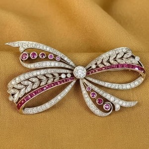 Broche de Lazo Vintage con Diamantes y Rubíes, Chapado en Oro Blanco de 14K, Certificado, Joyería de Regalo para Novia, Boda, Diseño Único para Mujer, Plata 925 - Product Image 5