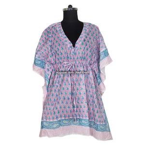 100% Cotton Women Sleepwear Hand Block Printed Kaftan Dress KFCS036 Light Weight Women Casual Occasion Wear Short Caftan Dress - Product Image 4