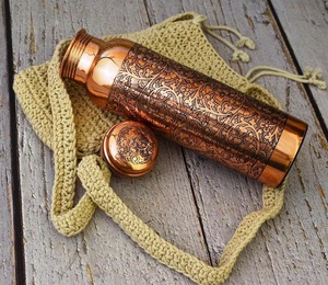 ILAHI's Hammered Copper Eco-Friendly 500ml <b>Water</b> <b>Bottle</b> Lid Classic Design Outdoor Use Uttar Pradesh ICOMCB-13245 - Product Image 1