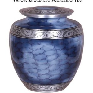 Urna Funeraria de Aluminio Azul, Recipiente Decorativo para Cenizas con Patrón de Hojas Plateadas, Recuerdo Conmemorativo Metálico - Artesanía India - Product Image 5