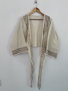 Boho Cotton Long Sleeve Floral Print V-neck Two Piece Set <b>Crop</b> Top Shorts Beige Resort Outfit Drawstring Closure Breathable Free - Product Image 3