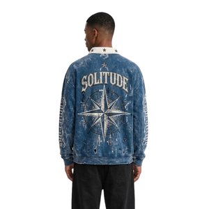 Maglione <span class=keywords><strong>Polo</strong></span> <span class=keywords><strong>Blu</strong></span> Cobalto con Lavaggio Acido, 400gsm, in <span class=keywords><strong>Felpa</strong></span> Densa, Alta Qualità, Ingrosso, Effetto Usurato, Caldo Invernale - Product Image 2