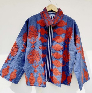 Breathable 100% Velvet Suzani Embroidered Floral Printed Jacket <b>Covered</b> <b>Button</b> Closure Full Sleeve for Women's Spring Autumn - Product Image 3