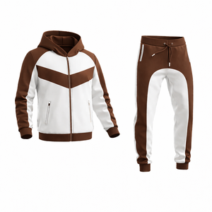 Unisex Brown & White Hooded Tracksuit Set – <b>Zip</b> <b>Up</b> <b>Jacket</b> with Jogger Pants, Slim Fit Casual Sportswear Gym Fitness Outfit - Product Image 2