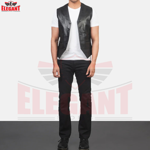 Open Front Black <b>Mens</b> <b>Leather</b> Vest with Asymmetric Button Detailing Deep V Shape Slim Panels <b>Side</b> Welt Pockets - Product Image 5