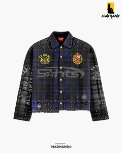 Custom <b>Rhinestone</b> Plaid Flannel Shirt | Distressed Oversized Checkered <b>Jacket</b> | Premium Streetwear Vintage Button Manufacturer - Product Image 3