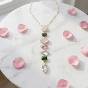 Collar con Colgante de Latón Chapado en Oro, Cuarzo con Corte Marquesa en Forma de Gota de Agua, Engaste con Bisel, Cadena de Eslabones Romántica Bohemia para Mujer, Ideal para Aniversario - Product Image 2