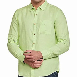 เสื้อเชิ้ตแขนยาวสีเขียวอ่อนสำหรับผู้ชาย ผ้าฝ้ายลำลอง มีกระเป๋า ปกคอพับ ระบายอากาศได้ดี เหมาะสำหรับฤดูร้อน สีพื้น ย้อมสีทั้งตัว - Product Image 5