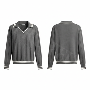 Camiseta Polo de Punto Acanalado con Cuello en V, Estilo Moderno, Cuello en Contraste, Suéter Informal para Otoño e Invierno, Color Personalizado, Elegante y Cómodo - Product Image 3