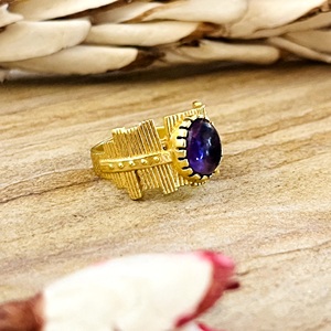 Unique Design <b>Boho</b> Textured Gemstone <b>Ring</b> Tribal Brass <b>Rings</b> Women 18k Gold Plated Geometric Amethyst Jewelry Wholesale/OEM/ODM - Product Image 1