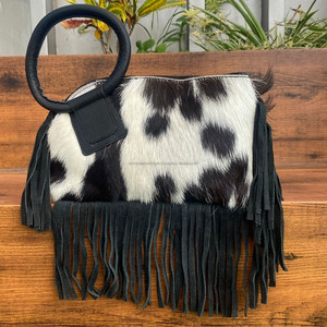 Wholesale High Quality Genuine Hair-On Cowhide Ring Handle Wristlet Clutch Bag for Women's Luxury Fashion Fringe Bangle <b>Handbags</b> - Product Image 5
