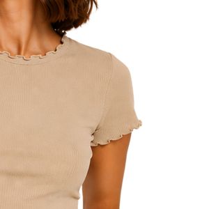 เสื้อครอปท็อปสีเบจแบบมีริบบิ้น แขนสั้น คอวี แต่งขอบระบาย ผ้าฝ้ายผสมสแปนเด็กซ์ ทรงเข้ารูป สไตล์ลำลอง สำหรับฤดูร้อน รับผลิตตามแบบ OEM - Product Image 4