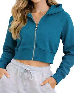 Womens <b>Cropped</b> <b>Zip</b> <b>Up</b> Hoodie Long Sleeve Casual Sweatshirt Soft Fleece Streetwear Teal Blue Color Autumn Winter Fashion Wear - Product Image 1
