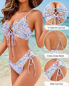 Conjunto de bikini con estampado floral para mujer, top cruzado con cuello halter, parte inferior con lazo lateral, traje de baño de dos piezas para playa - Product Image 3