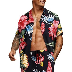 Ensemble chemise hawaïenne florale deux pièces pour homme, nouveau style d'été, personnalisé, en microfibre respirante à manches courtes, vente en gros - Product Image 1
