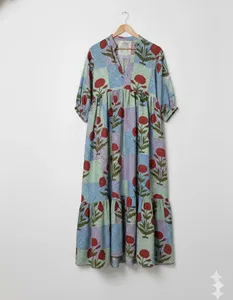 Robe midi en coton à imprimé floral bleu ciel bohème avec manches bouffantes, coupe ample, col en V, robe d'été pour femmes - Product Image 4