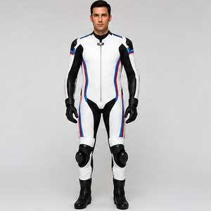 Combinaison de moto pour homme en PU blanc et noir, style motard, à capuche, respirante, séchage rapide, fermeture éclair, coupe ajustée, imperméable, col ras du cou - Product Image 1