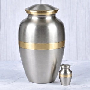 Urne funéraire pour cendres humaines, marron et or, unie avec bandes en laiton, finition brillante, pour adulte, urne commémorative funéraire - Product Image 2