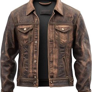 Men's Brown Genuine Leather Moto Biker Jacket Turn-down Collar Button Closure Regular Length Autumn Wear - Product Image 1